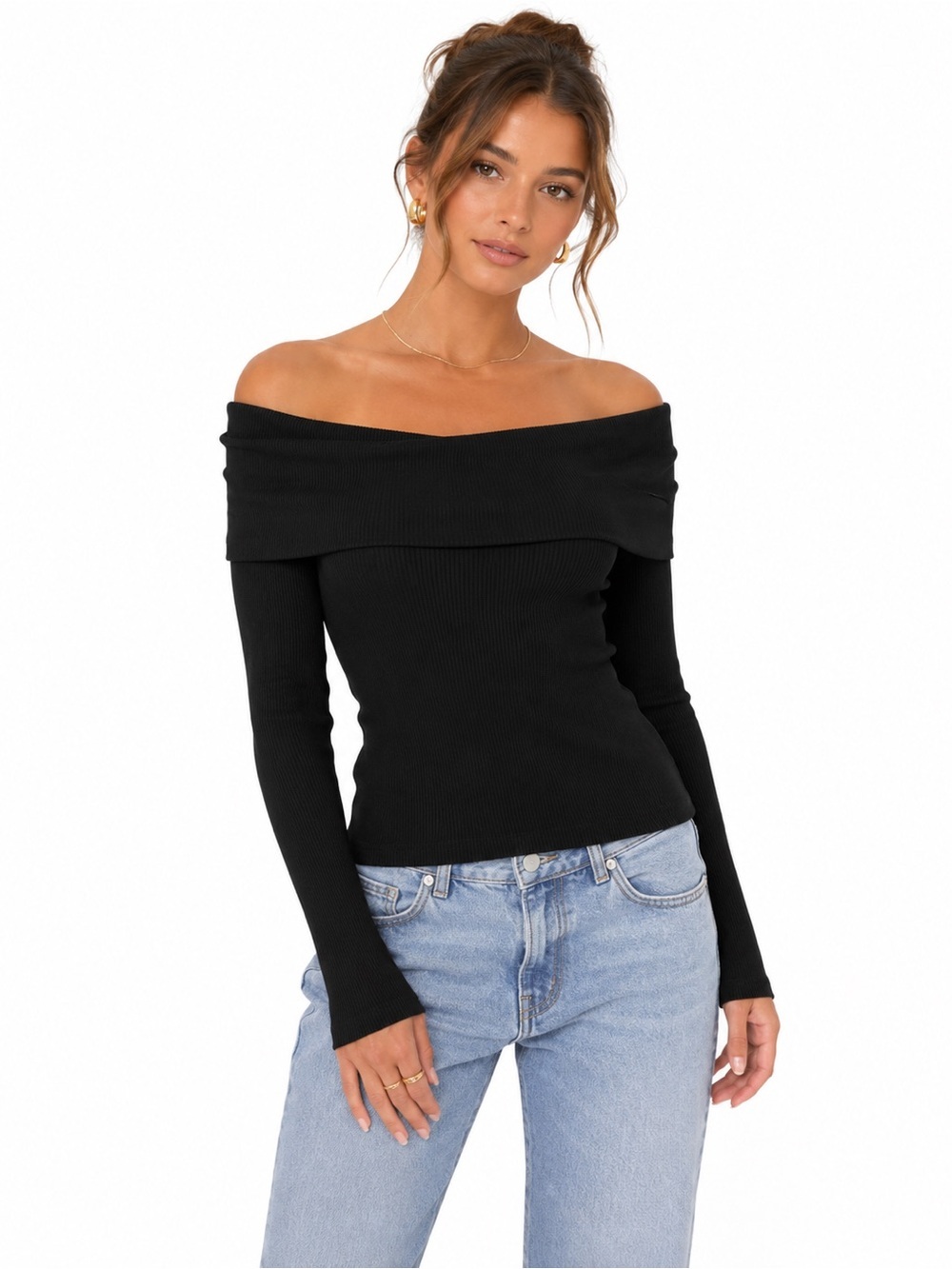 NWT Commense Black Off Shoulder Ribbed Knit Long Sleeve Top Size Large
